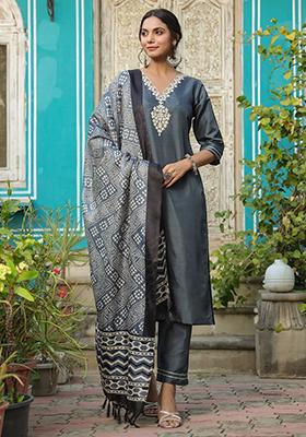 Grey Embroidered Silk Kurta Set