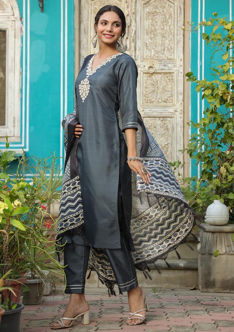 Grey Embroidered Silk Kurta Set