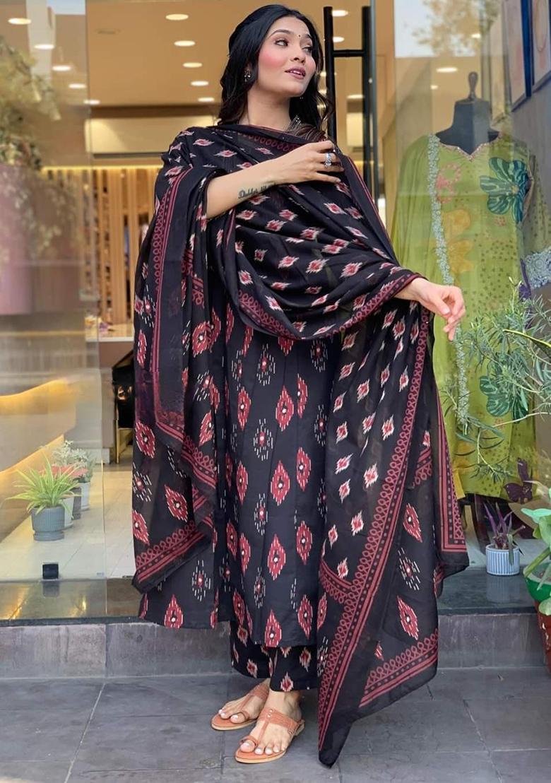 Black Embroidered Cotton Kurta Set