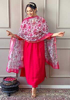 Tomato Red Embroidered Chanderi Kurta Set