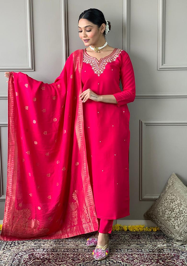 Red Embroidered Chanderi Kurta Set