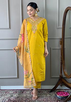 Mustard Embroidered Chanderi Kurta Set