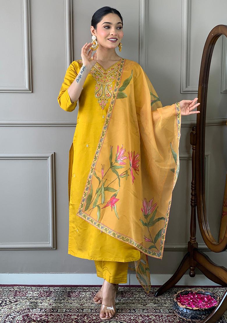 Mustard Embroidered Chanderi Kurta Set
