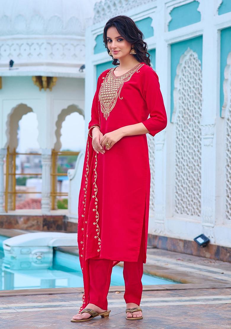 Rani Pink Embroidered Chanderi Kurta Set
