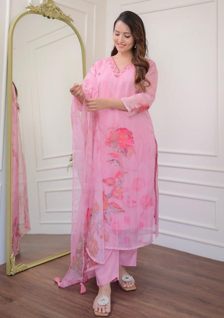 Pink Printed Organza Kurta Set