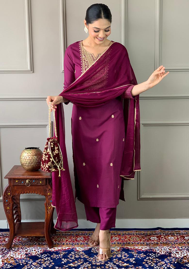 Maroon Embroidered Rayon Kurta Set