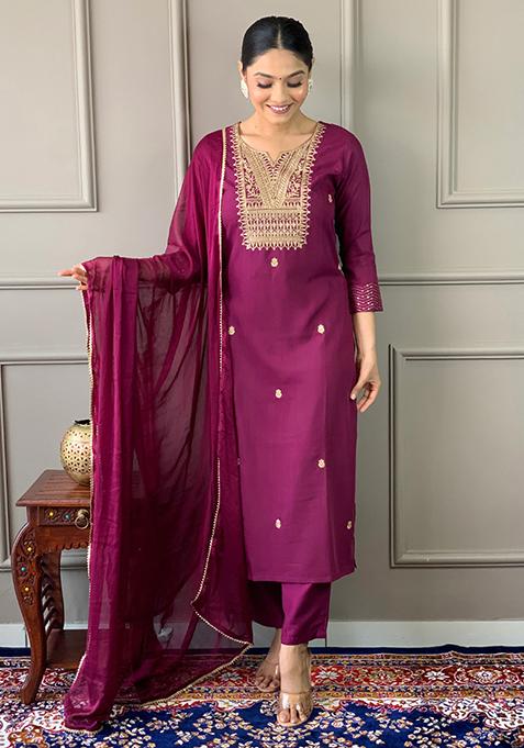 Maroon Embroidered Rayon Kurta Set