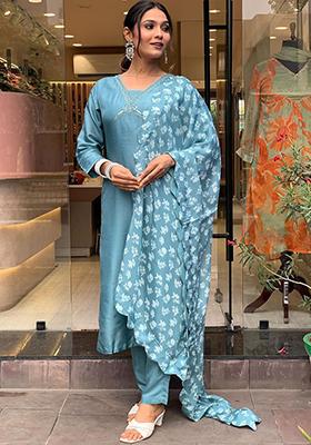 Sky Blue Embroidered Viscose Kurta Set