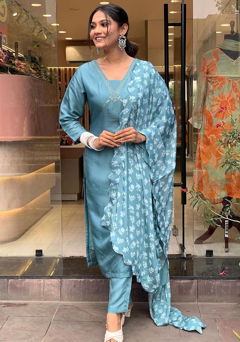 Sky Blue Embroidered Viscose Kurta Set