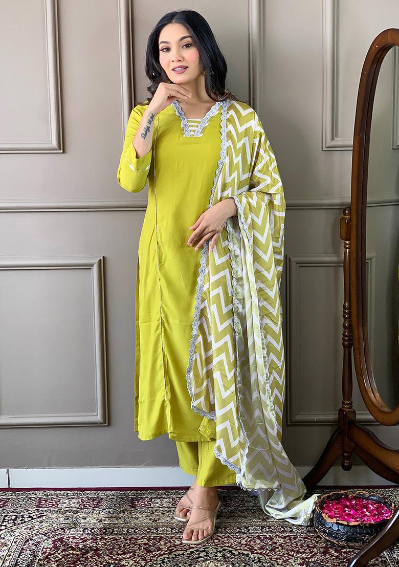 Lemon Yellow Embroidered Viscose Kurta Set