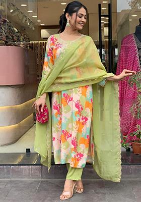 Multicolor Embroidered Crepe Kurta Set