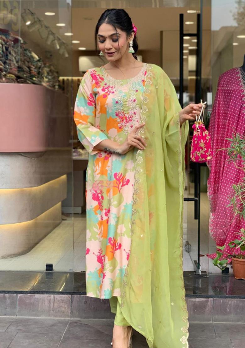 Multicolor Embroidered Crepe Kurta Set