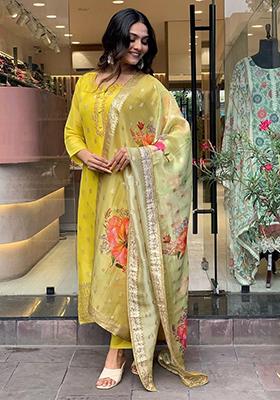 Yellow Embroidered Jacquard Kurta Set