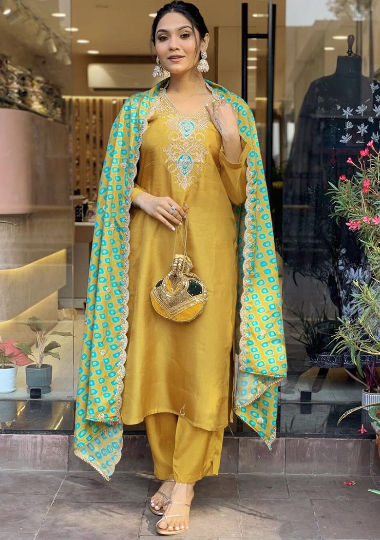 Mustard Embroidered Viscose Kurta Set