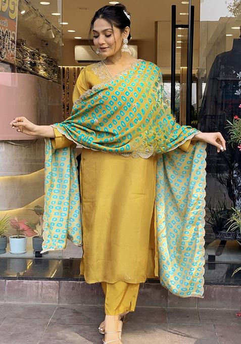 Mustard Embroidered Viscose Kurta Set
