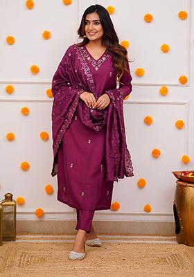 Maroon Embroidered Chanderi Kurta Set