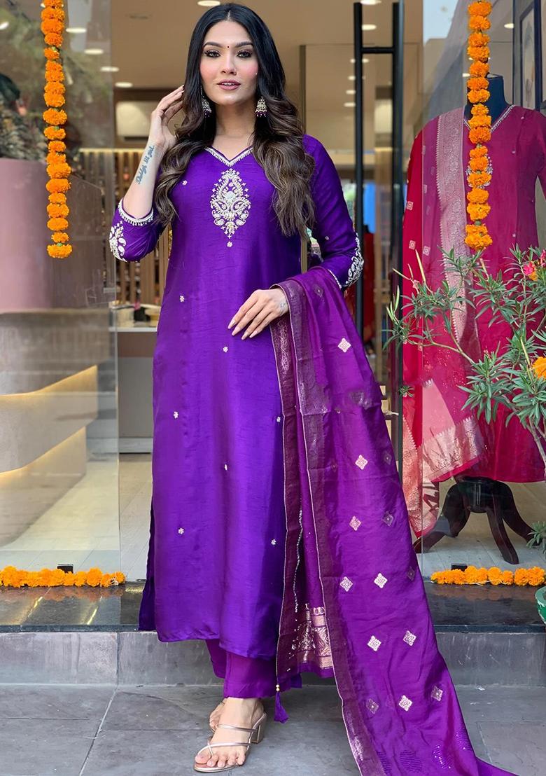 Purple Embroidered Chanderi Kurta Set