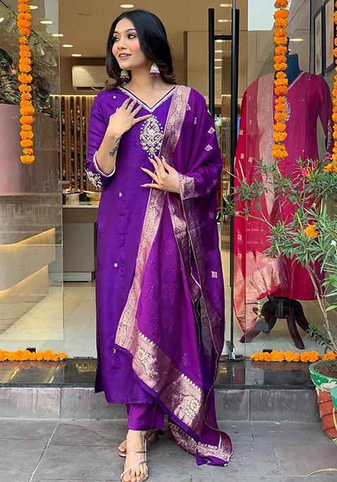 Purple Embroidered Chanderi Kurta Set