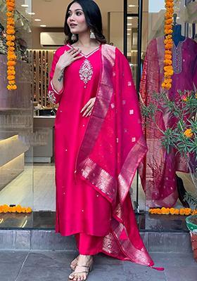 Red Embroidered Chanderi Kurta Set