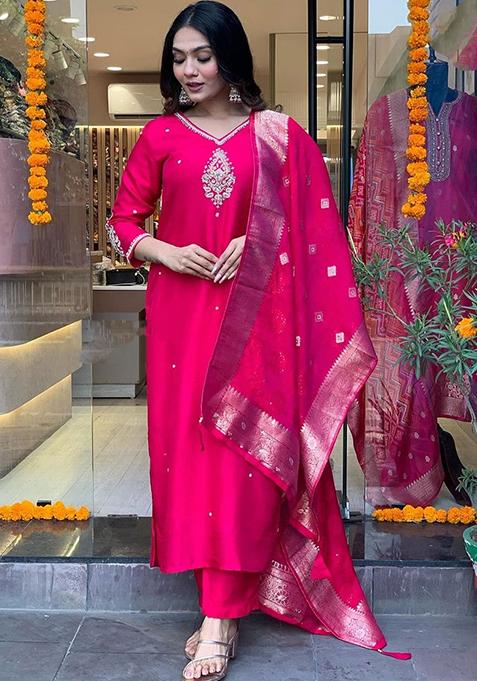 Red Embroidered Chanderi Kurta Set