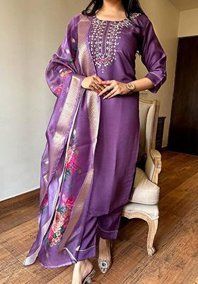 Purple Embroidered Chanderi Kurta Set