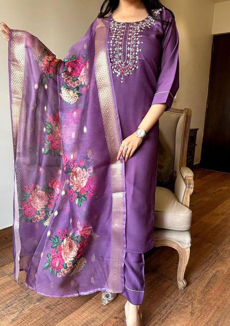 Purple Embroidered Chanderi Kurta Set
