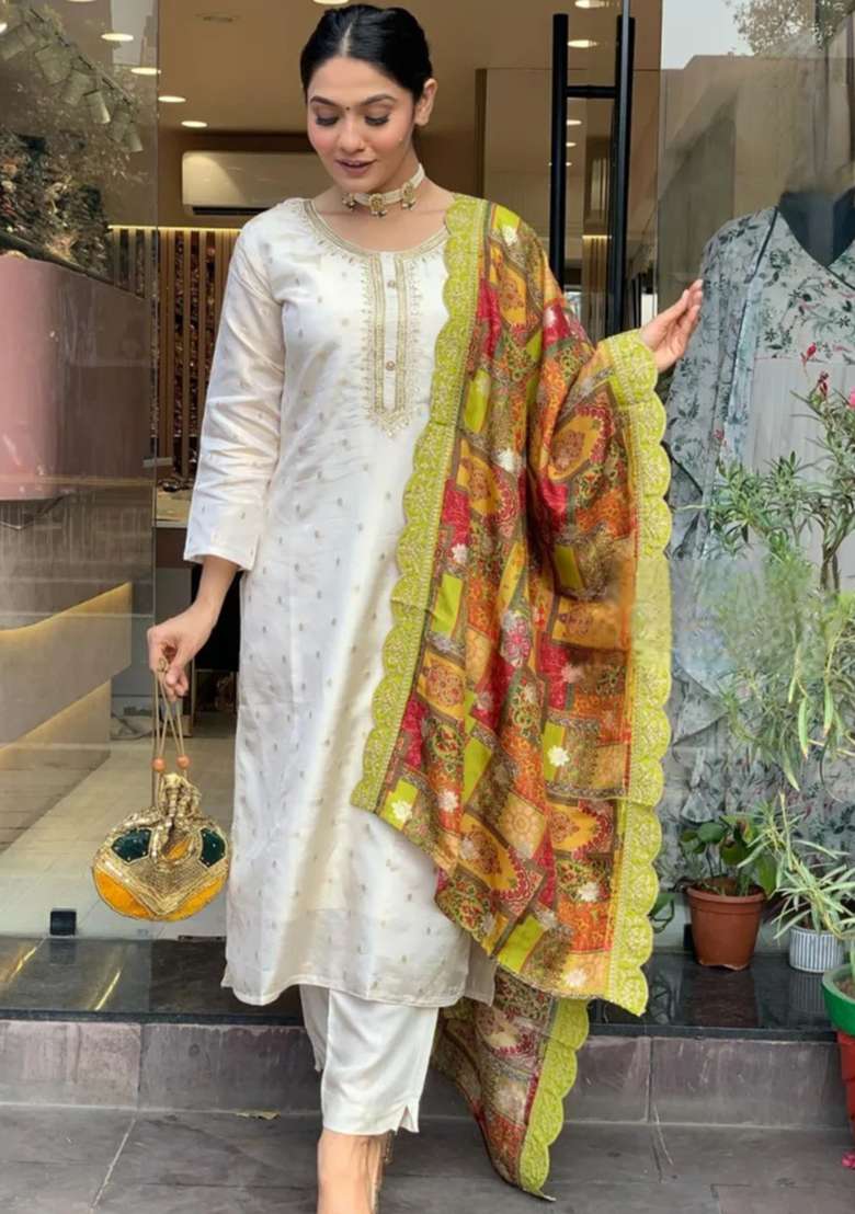 Off White Embroidered Jacquard Kurta Set - Indya