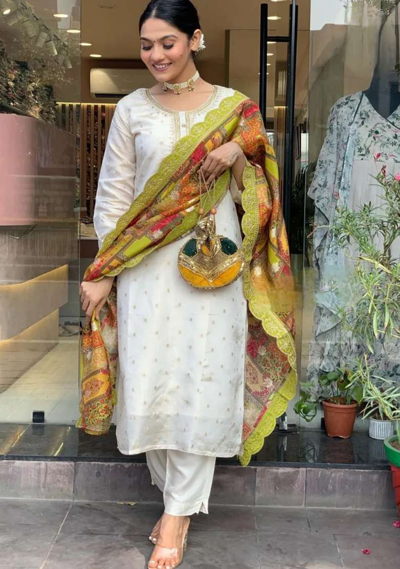 Off White Embroidered Jacquard Kurta Set - Indya