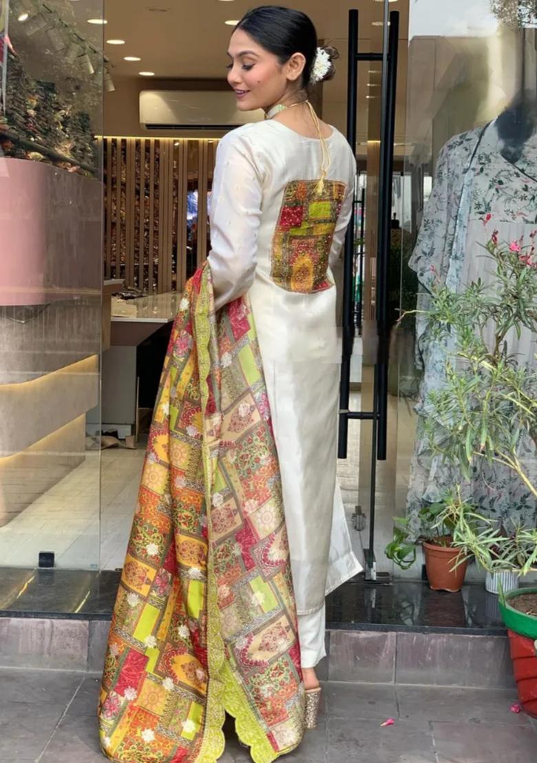 Off White Embroidered Jacquard Kurta Set