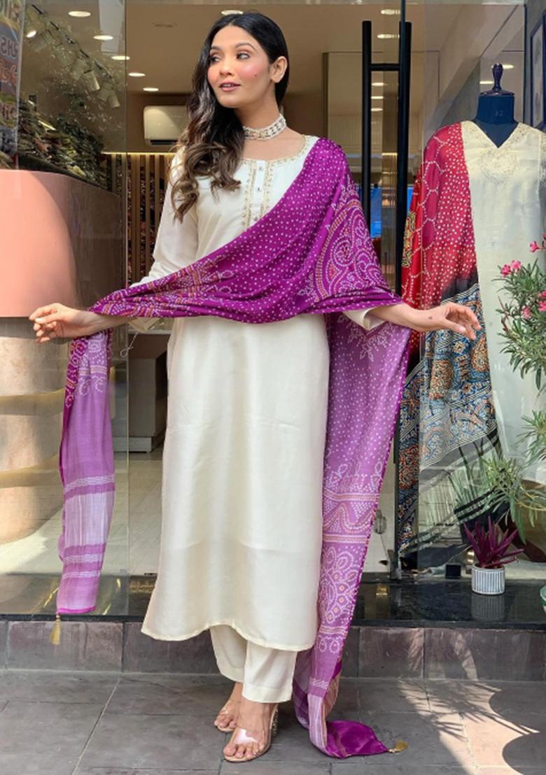 Off White Embroidered Viscose Kurta Set