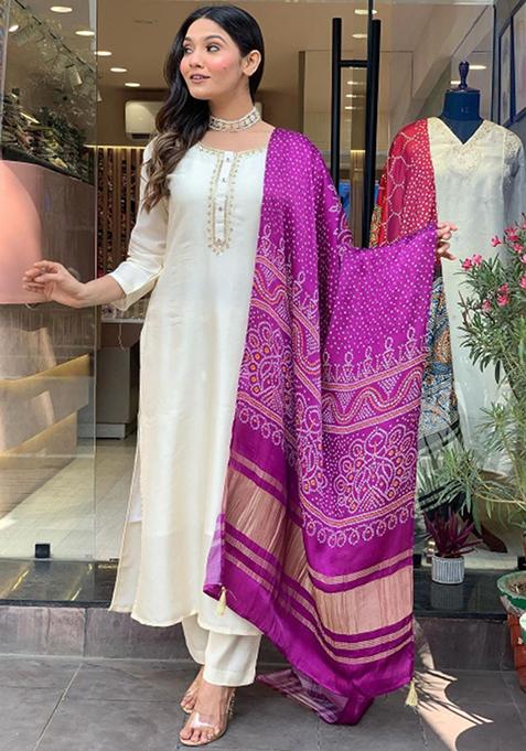 Off White Embroidered Viscose Kurta Set