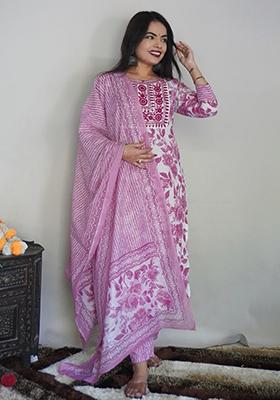 White And Pink Printed Rayon Kurta Set