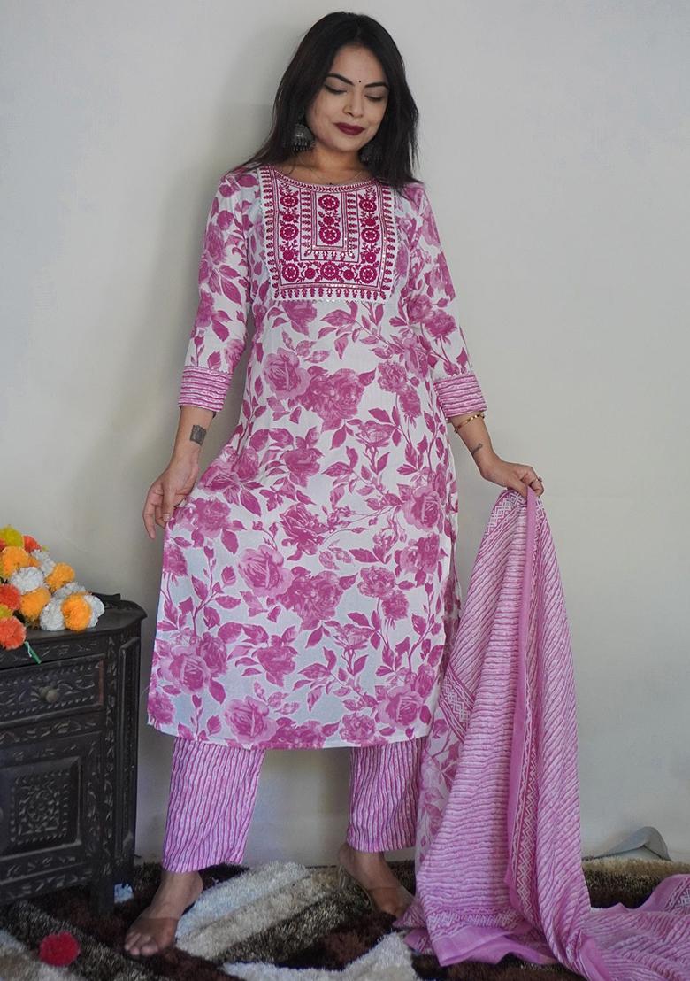 White And Pink Printed Rayon Kurta Set