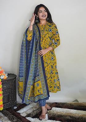 Mustard Printed Rayon Kurta Set