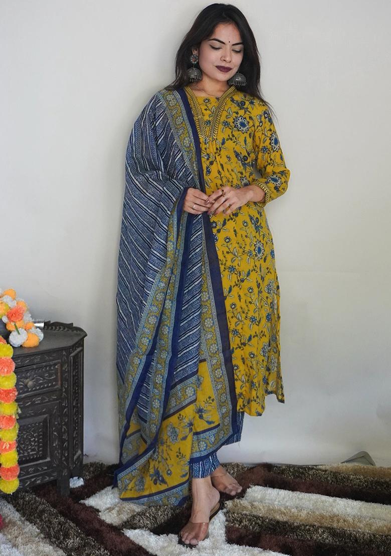 Mustard Printed Rayon Kurta Set