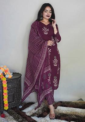 Maroon Printed Rayon Kurta Set