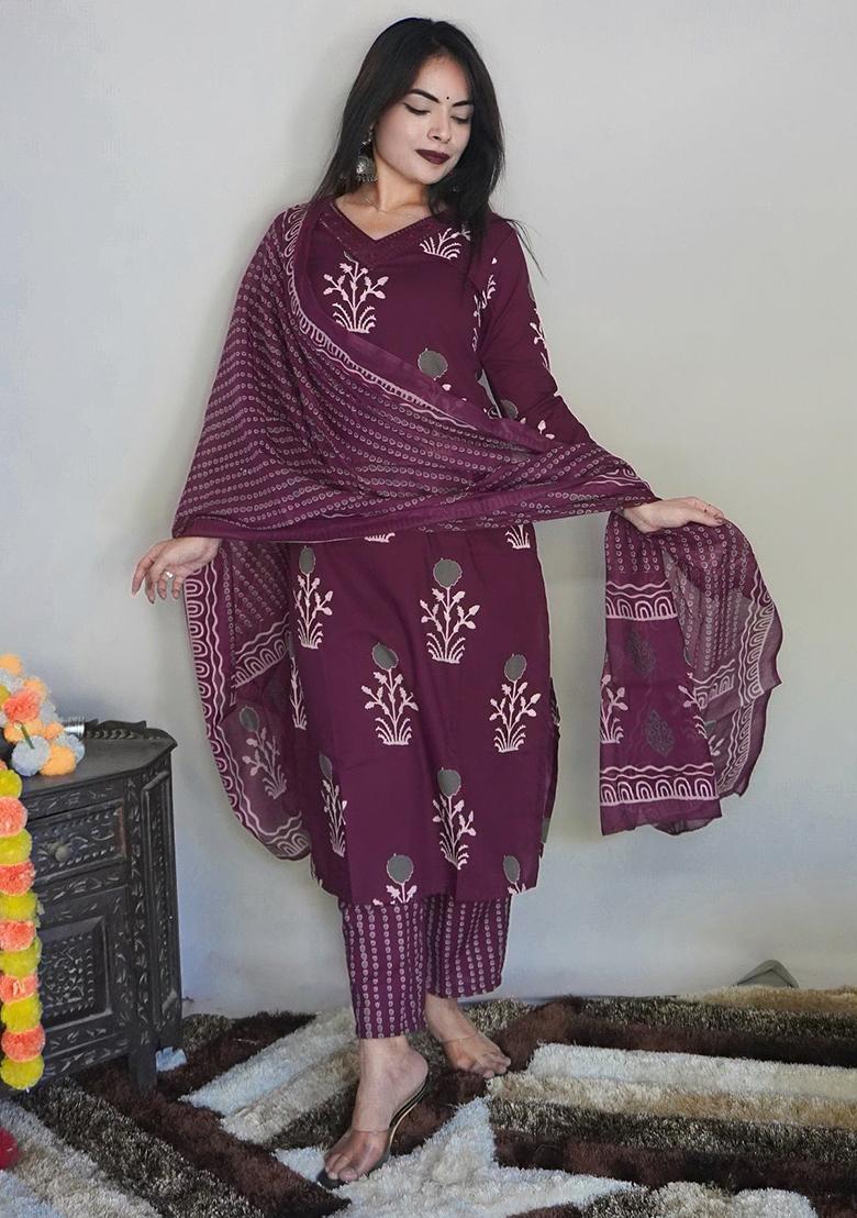 Maroon Printed Rayon Kurta Set