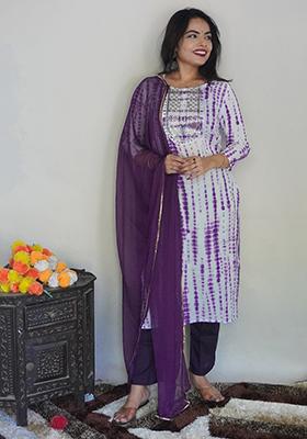 White And Purple Printed Rayon Kurta Set