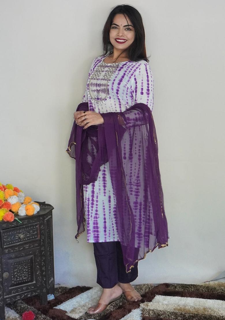 White And Purple Printed Rayon Kurta Set