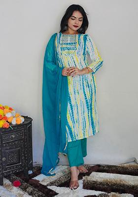 White And Rama Blue Printed Rayon Kurta Set