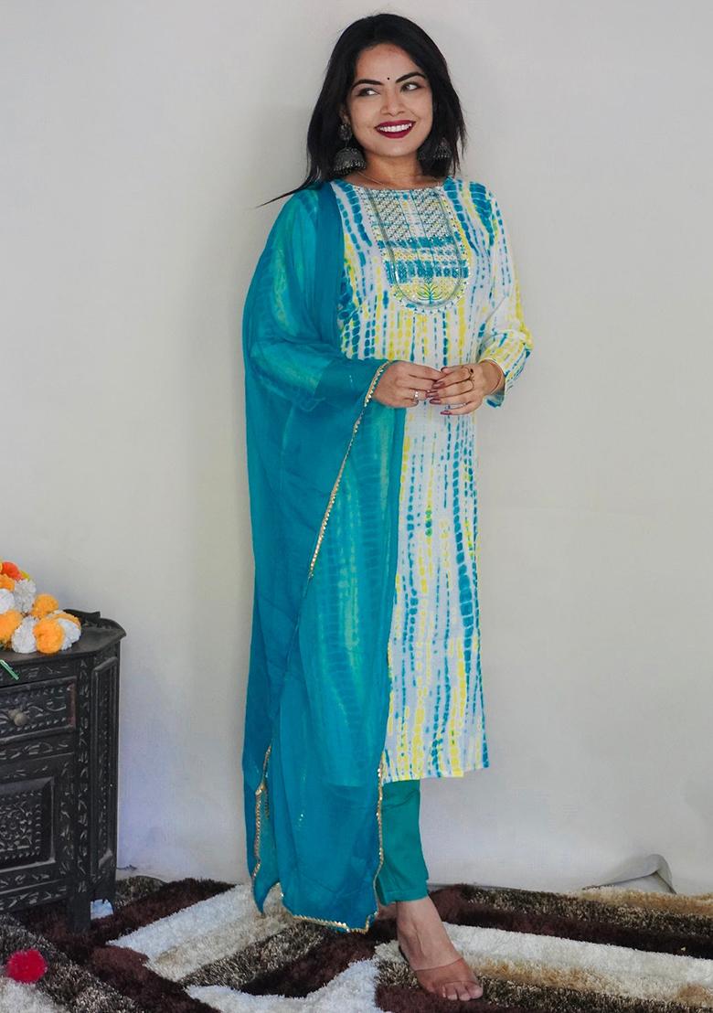 White And Rama Blue Printed Rayon Kurta Set