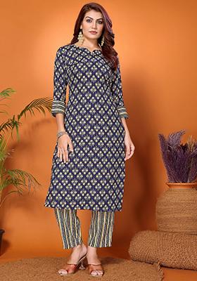 Blue And Yellow Printed Rayon Kurta Set