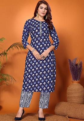 Blue And White Printed Rayon Kurta Set
