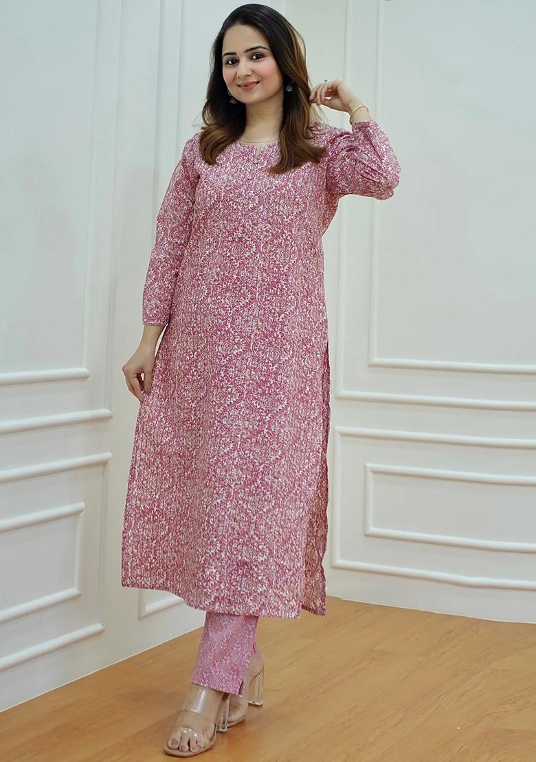 Pink Printed Rayon Kurta Set