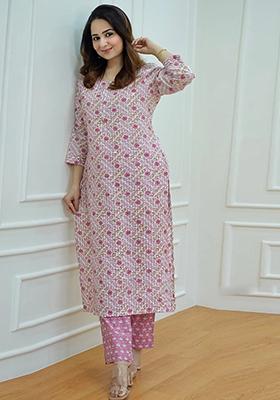 Pink Printed Rayon Kurta Set