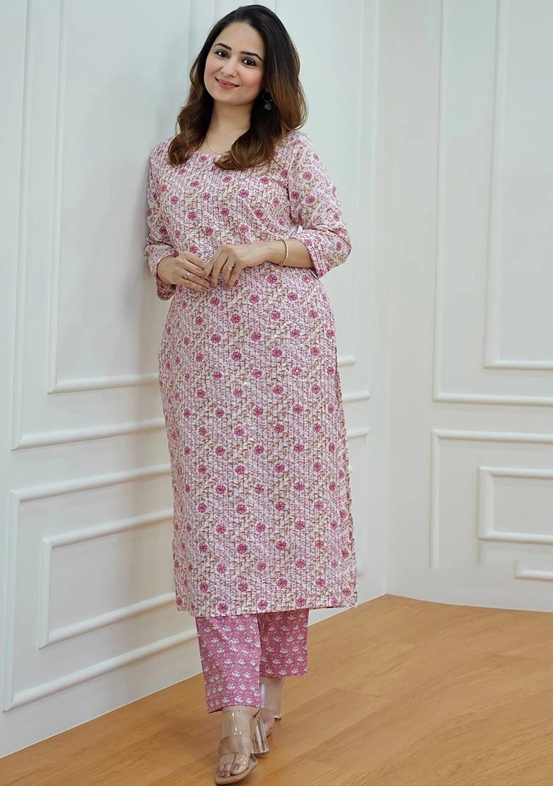 Pink Printed Rayon Kurta Set
