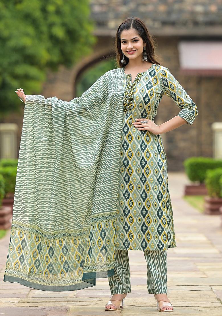 Mehendi Printed Rayon Kurta Set