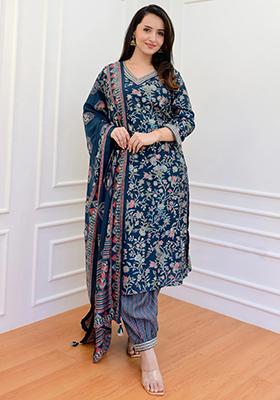 Dark Blue Printed Rayon Kurta Set