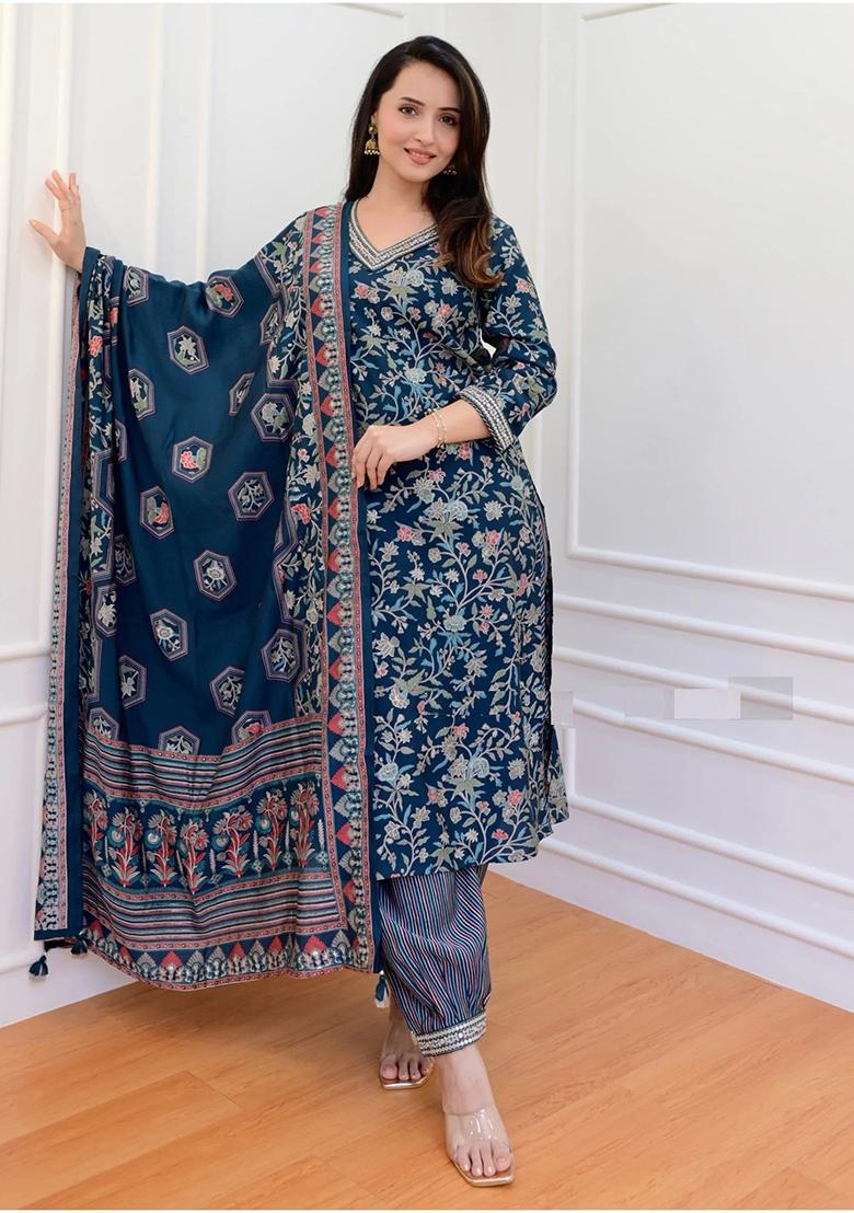 Dark Blue Printed Rayon Kurta Set