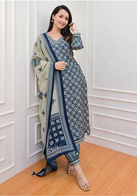 Navy Blue Printed Rayon Kurta Set